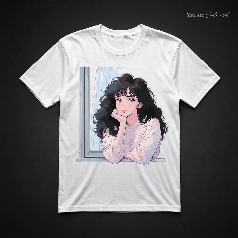 Anime Girl Window Graphic T Shirt Black or White Unisex Aesthetic Manga Tee 1 S