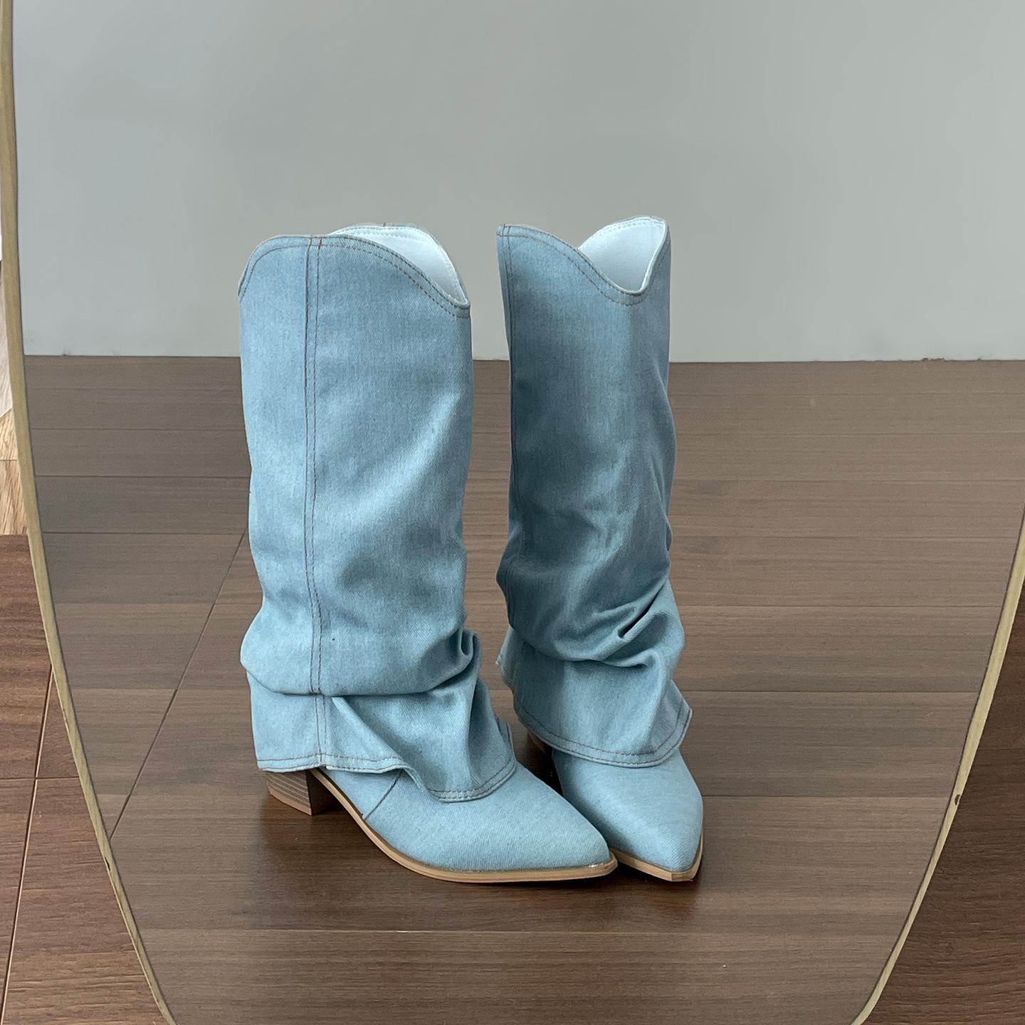 

Ботинки в стиле вестерн для фанатов Queen, ретро, с острым носом и толстым каблуком, женские, новые осенние 2025 года, ботинки на небольшой платформе 42 джинсовый синий