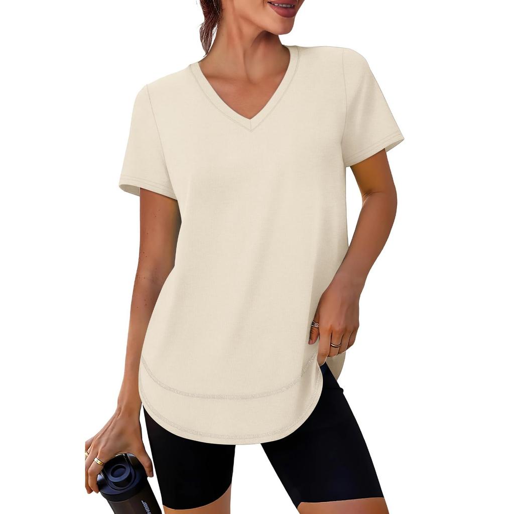 Women's Casual Loose-Fit Fashionable -Color Short-Sleeve V-Neck Pullover T-Shirt