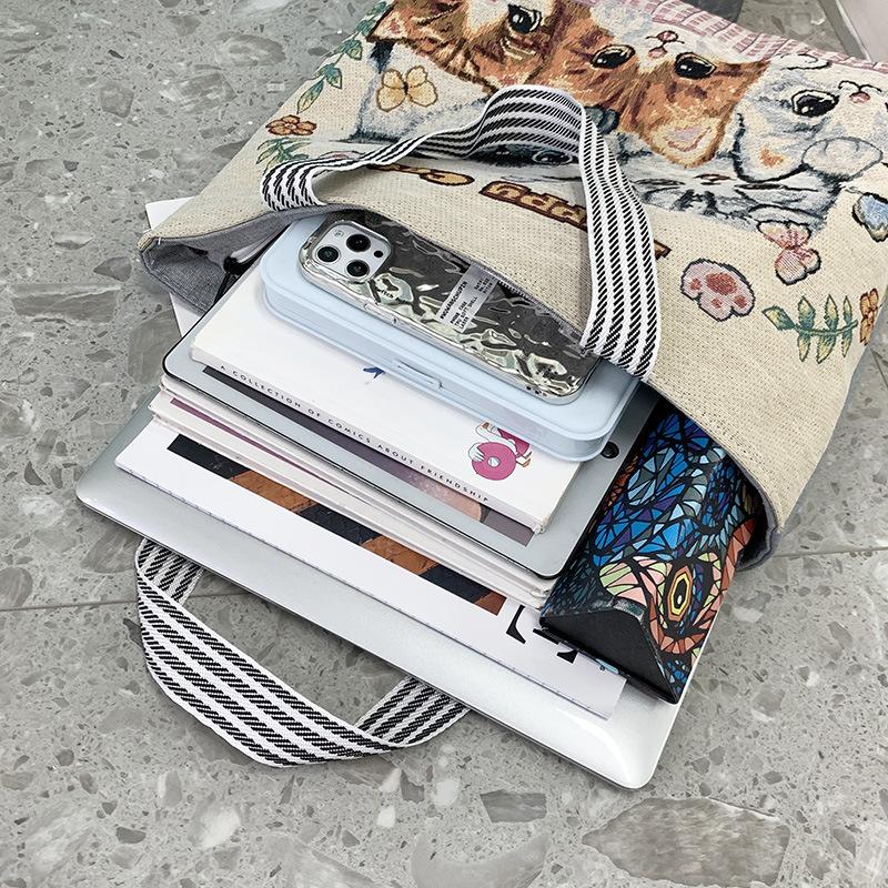 Portable Jacquard Bag Kitten Large Embroidered Canvas Bag Shopping Fashion Shoulder Women's Bag Tote Bag