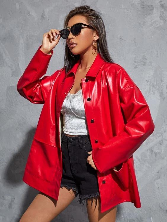 

Formal Soft Stylish Genuine Handmade Lambskin Leather Women Red Shirt Casual S