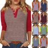 T-shirt imprimé boutonné à manches 3/4 pour femme - Haut basique à col en V - Mode quotidienne - Week-end