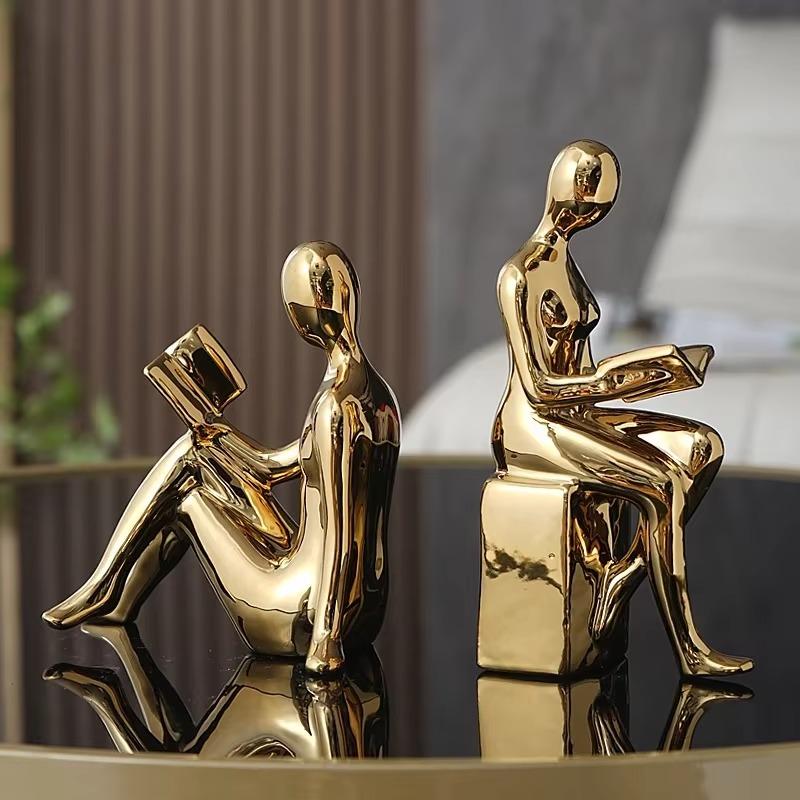 Modern Abstract Reading Bookends: Luxury Gold/Silver Human Statue. Nordic Resin Art for Home & Office Decor/Gift