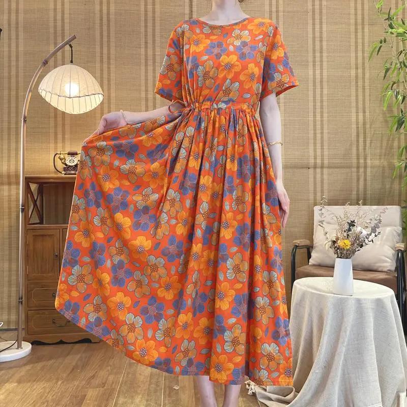 Women's Floral Print Maxi Round Neck Short Sleeve High Waist Pleated Casual Summer Dress