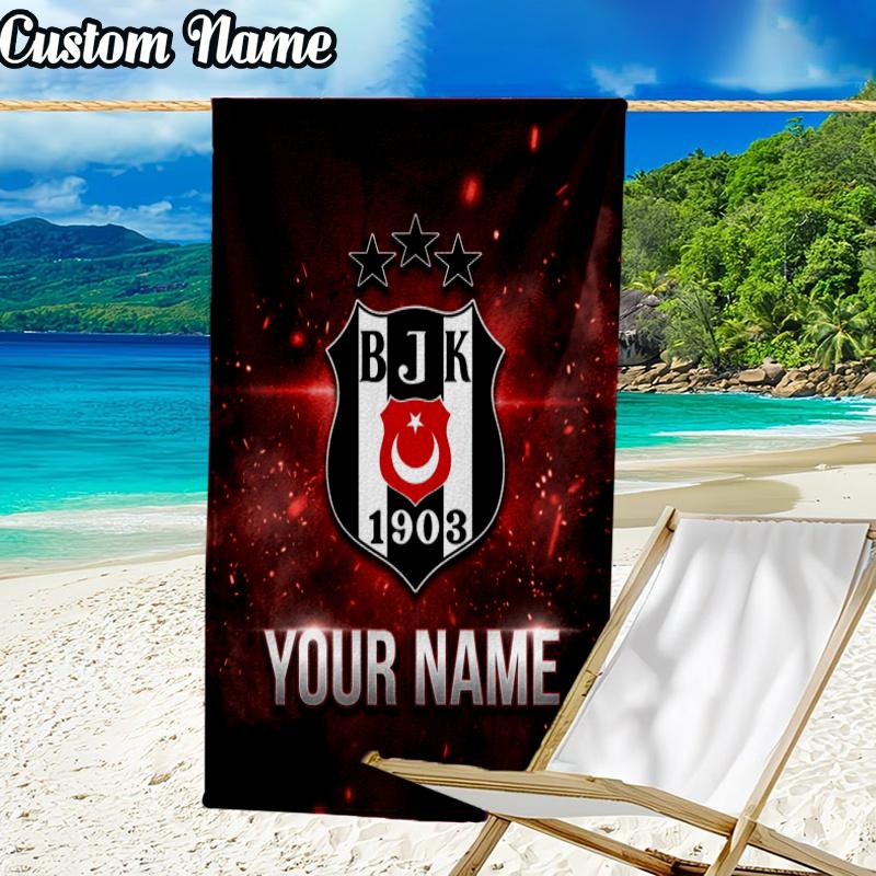 Custom Name BJK Football Crest Beach Towel - Soft, Ultra-Absorbent Microfiber, Lightweight, Perfect for Beach, Parties, Travel, Camping