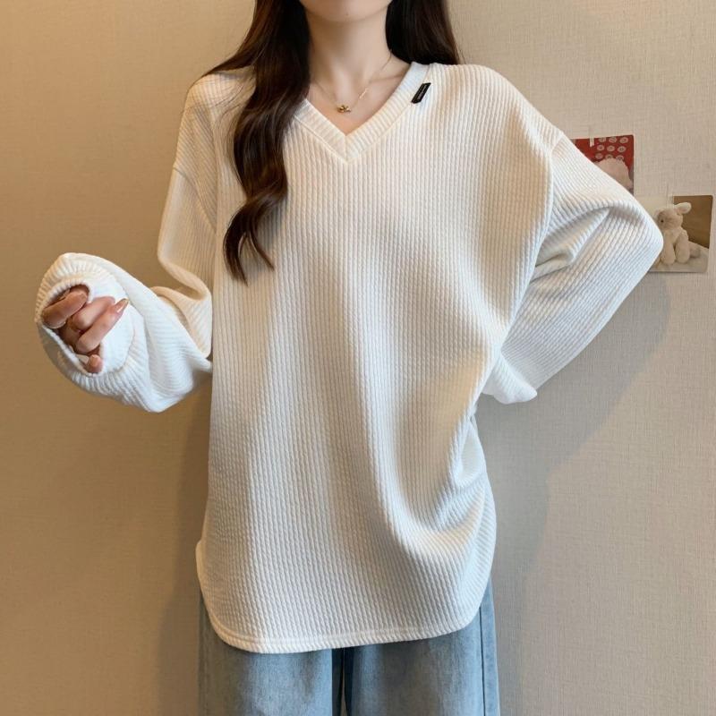 Spring Autumn V-neck Solid Color Long Sleeve T-shirt Women Loose Casual Simple All-match Pullover Tee Top