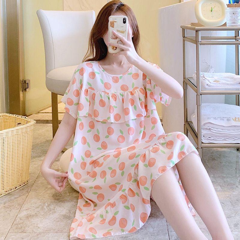 Sleeping Dress for Women In Summer Thin Cotton Silk Short Sleeved Without Chest Pad Home Clothing Knee Length for Outdoor Wear Dress
