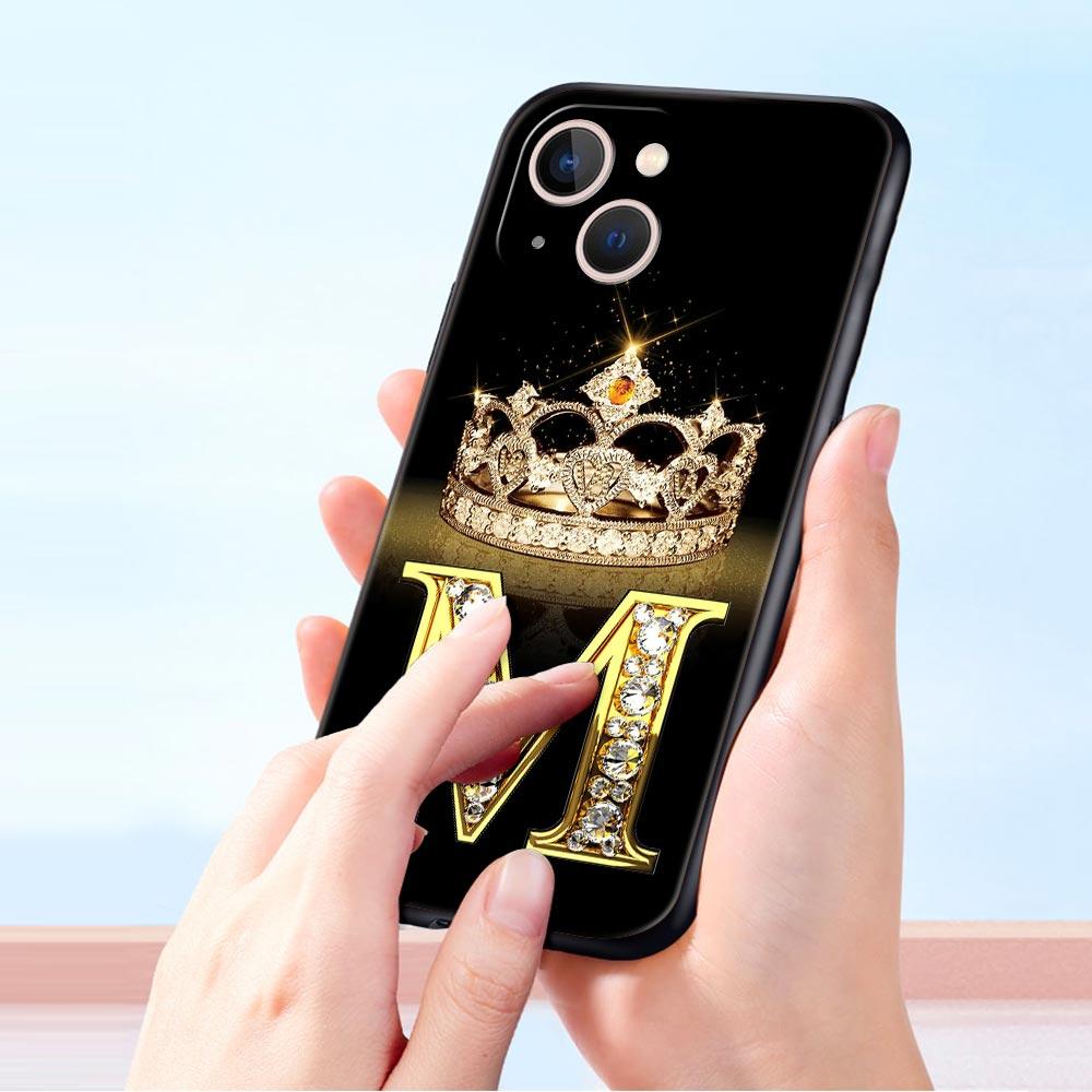 Diamond Crown Letter 26 Letters Phone Case For iPhone 17 16E 15 16 14 13 12 11 Pro Max 7 8 Plus Soft TPU Back Cover