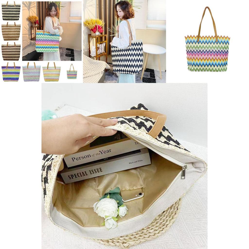 Natural Wavywoven Shoulder Bag With Organizer For Beach And Casual Outings