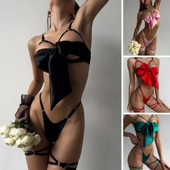 1 Set Women Bra Panties Thigh Ring Set Bow-knot Decor Sleeveless Backless Low-cut Pornographic Romantic Night