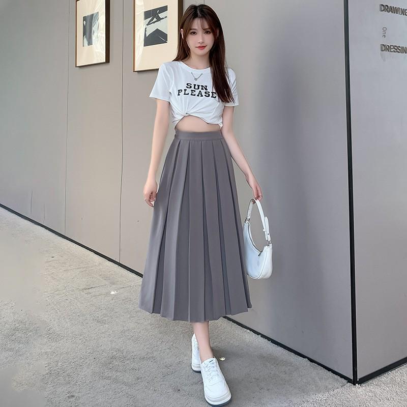 Women's Black Pleated A-Line Skirt - Mid-Length, High Waist, Elastic Fit, Autumn/Winter