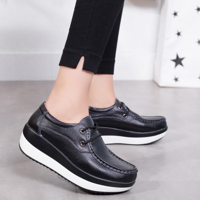 Genuine Leather Wedges Heels Shoes Fashion 5cm Platform Shoes Women Non-slip Walking Loafers