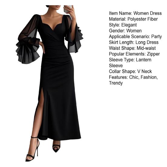 Women's V Neck Maxi Dress Sexy Mesh Long Lantern Sleeve Slit Long Evening Dress Cocktail Party Formal Gown