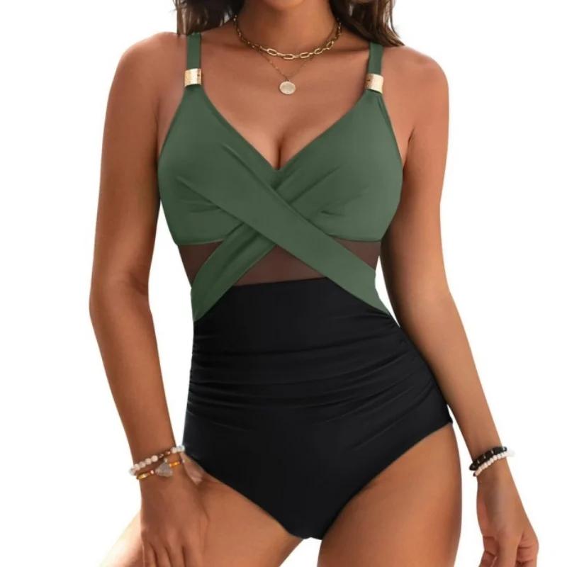 Fashion Sexy Skinny Swimwear Women Pleated Mesh Cross V Neck Suspender One Piece Swimsuit 2025 New Solid Bathing Suit Beachwear