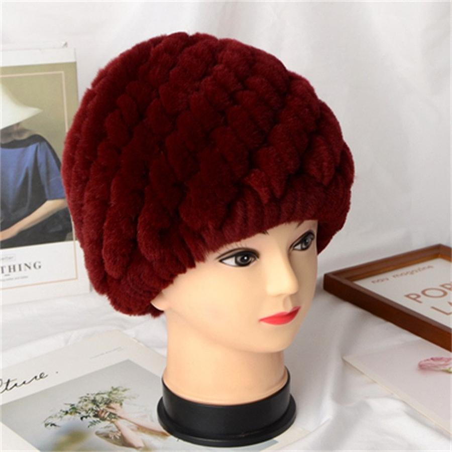 New Knitted Rabbit Fur Spiral Hat for Elderly Women Winter Thick Warm Pineapple Hat