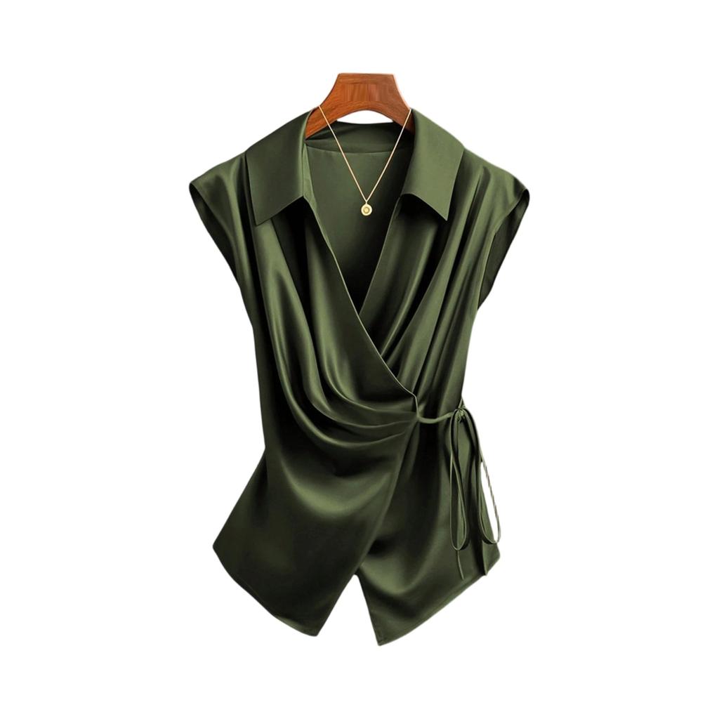 Women's Casual Satin V-Neck Tie-Front Bow Blouse