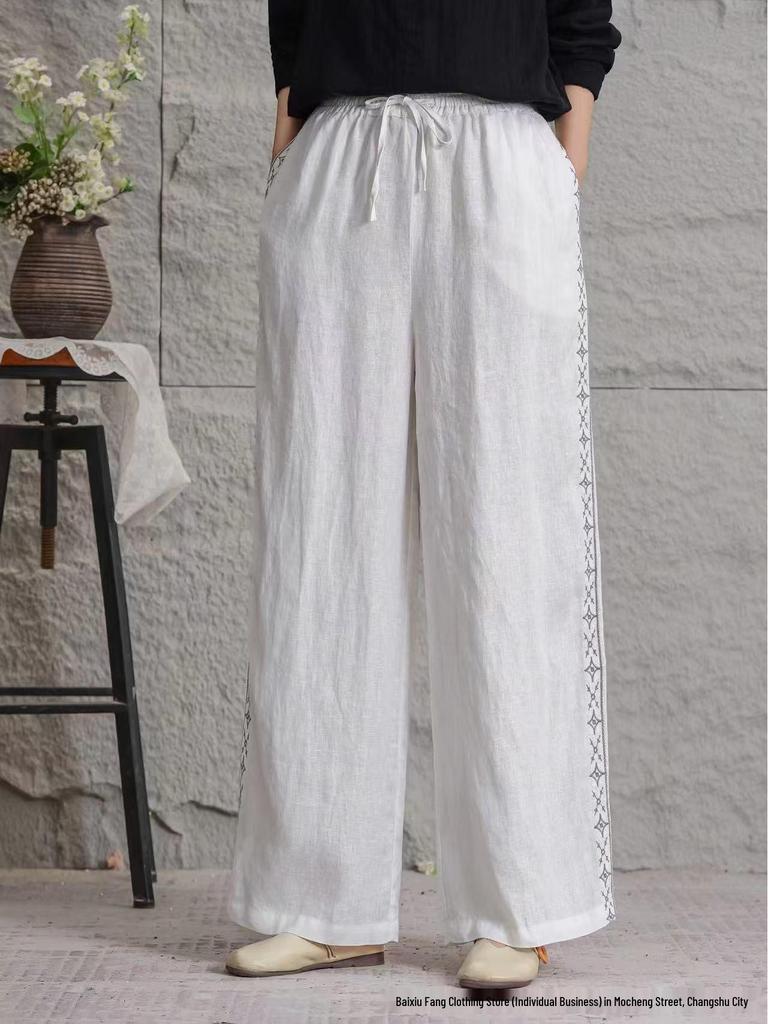 Women's Casual Linen Embroidered Wide-Leg Trousers, Summer 2026 Fashion, Slimming Loose Fit, Large Size Available