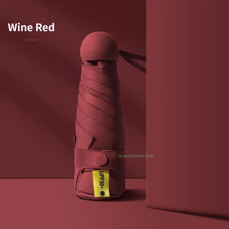 

Складна дорожня парасолька-капсула для жінок і дітей, захист від УФ-променів, вітрозахисна та водонепроникна, 6 ребер, 5-складна парасолька, UPF вина червоного кольору