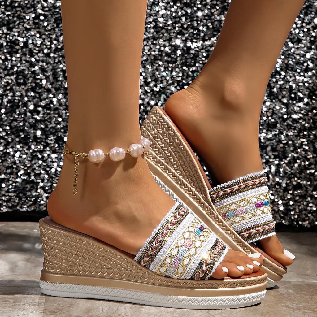 Bohemian Striped Braided Wedge Sandals Women Summer Thick Sole Outdoor Beach Slides Woman Plus Size 43 Fashion Platform Slippers
