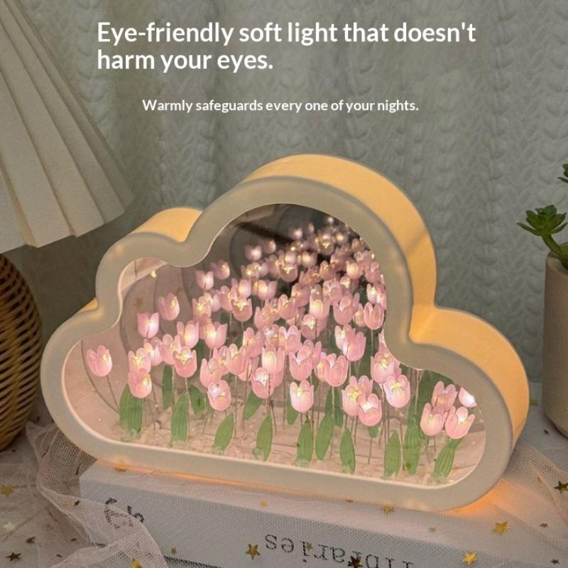 Cloud Shape Tulip Night Light Diy Handmade Flower Lamp Battery Powered Mirror Decor Table Lamp For Bedroom Gift