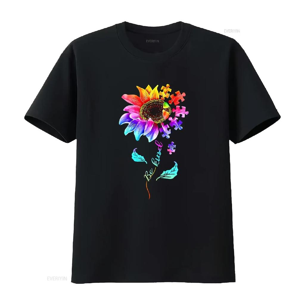 Sunflower Puzzle T Shirt for Women Be Kind Autism Awareness Girls Casual Tops Black Large Vintage Washed Homme Slightly Unisex