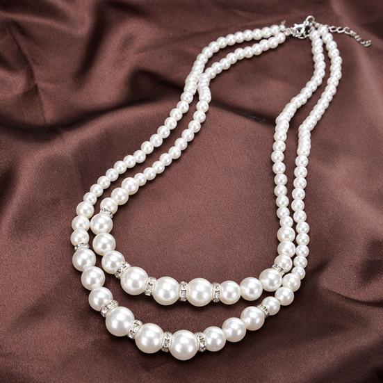 White Faux Pearl Necklace Ladies 2 Strands Beads Choker Elegant Layered Necklace Jewelry for Dating Weddings Parties