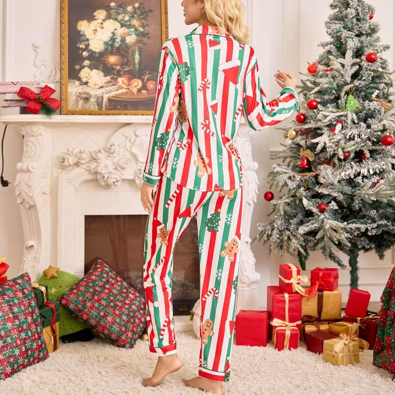 Christmas Women's Pajamas Set with Lapel Christmas Hat Long Sleeves and Long Pants (Wearable As Outerwear)