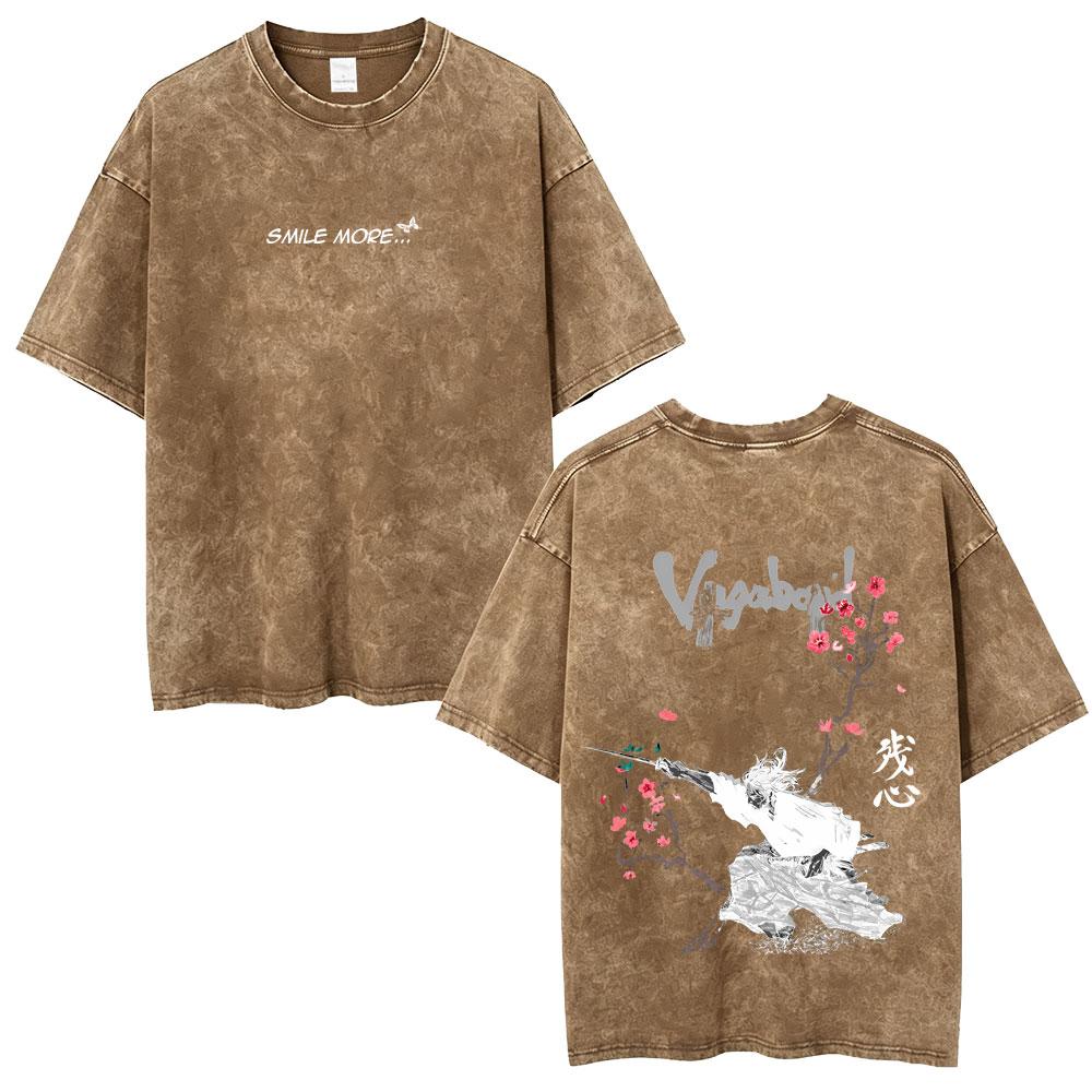 Gewaschenes Vintage Anime Vagabond Miyamoto Musashi Kirschblüten Grafik T-Shirt Herren Damen Lässiges Oversized T-Shirt 90er Jahre Streetwear