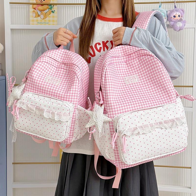 Schoolbag Milk Fufu Plaid Corrugated Lace Heart Travel Small Backpack Sweet Wind Student Party Big Sweet Bag