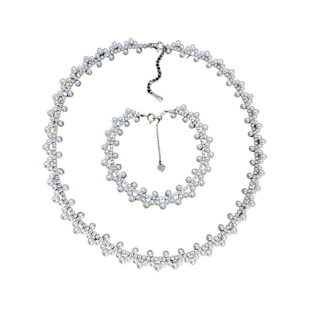 Heavy-duty woven fairy-style sparkling lace necklace and bracelet set with natural freshwater pearls, a luxurious two-piece set available for