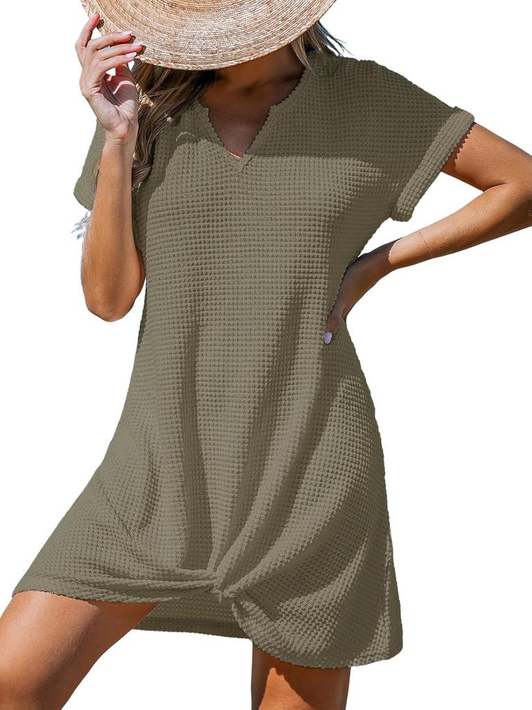 Women's Summer New Beach Dress V-Neck Knotted Cover-Up Ruffle Dress In Stock