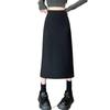 Black Wool Blend Women's High Waist A-Line Skirt - Autumn/Winter Korean Style Slimming Mid-Length with Slit and Elastic Waist