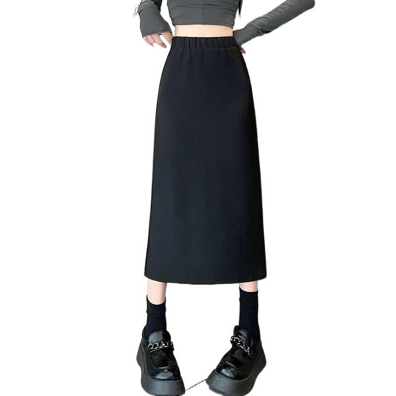 Black Wool Blend Women's High Waist A-Line Skirt - Autumn/Winter Korean Style Slimming Mid-Length with Slit and Elastic Waist
