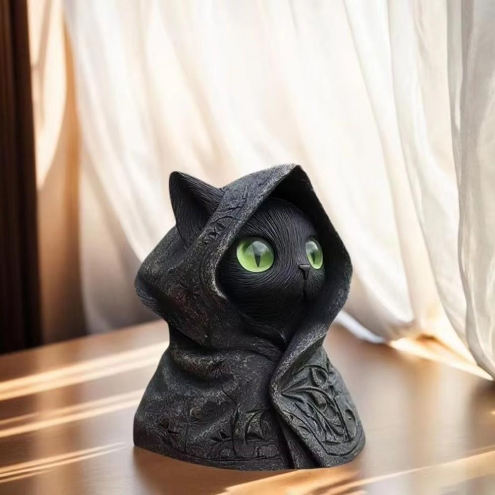 Cat Decor Figurines 3D Printed Cat Sculpture Decoration Gothic Mystical Cat Statue Hooded Cloak Cat Ornaments Home Decor