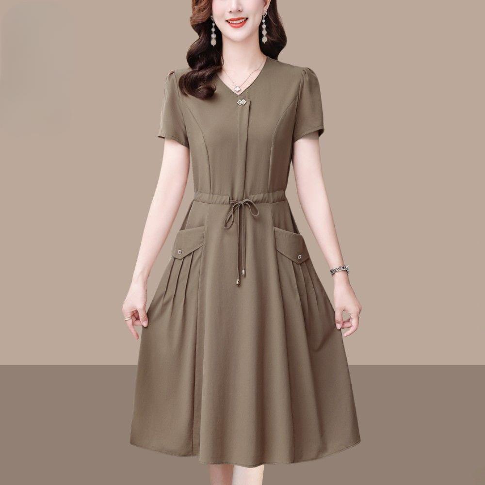 Fashion Summer Solid Color Short Sleeve Dress for Women Slim Fit Waist Cover Belly Elegant
