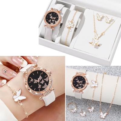 6pcs/set Luxury Watch Women Rings Necklace Earrings Bracelet Set Butterfly Leather Strap Watches Lady Wristwatch No Case