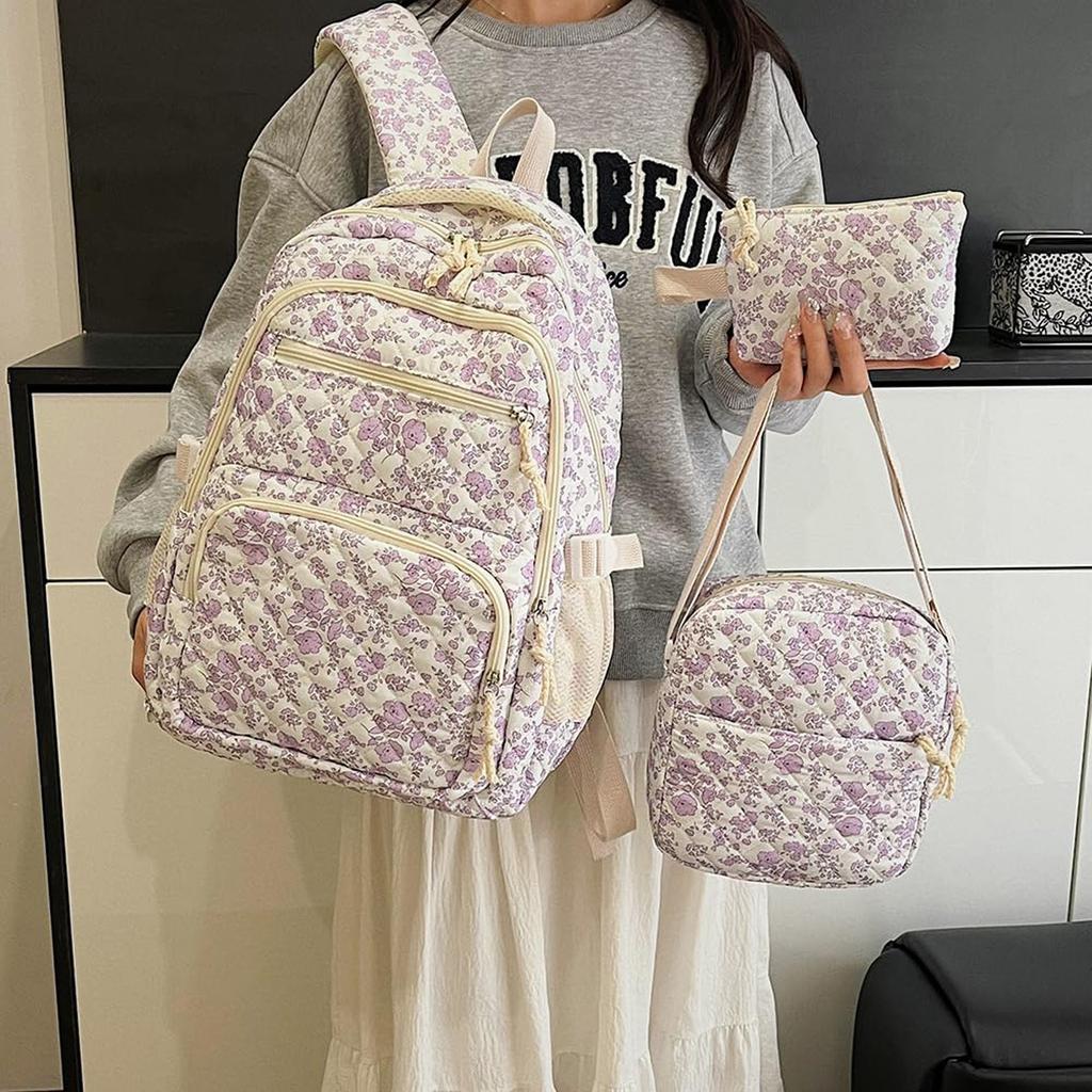 Backpack Cute Kawaii Backpack Set 3 Pieces Floral Quilted Backpack With Small Crossbody Bag