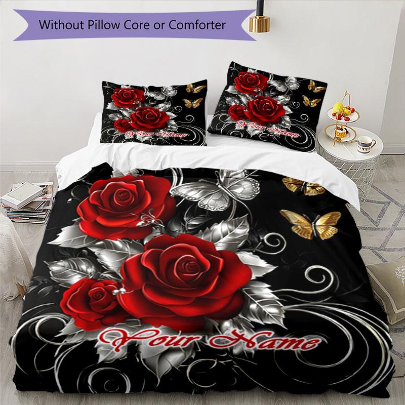 3PC Custom Name Roses Butterflies Art Bedding Set Printed Bedding Set Duvet Cover Closure Includes 1 Duvet Cover & 2 Pillowcases for All Seasons Bedro