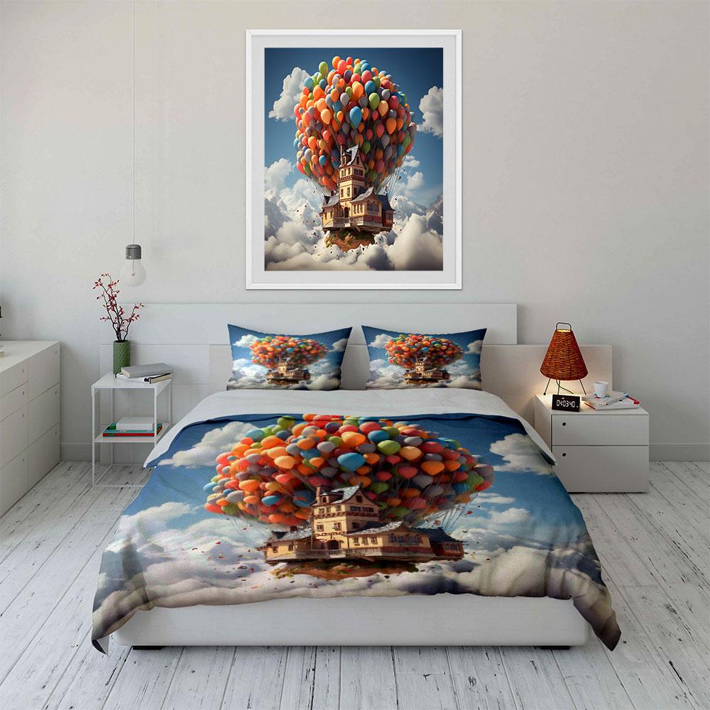 Floating House Balloon Decor Soft Skin-Friendly Bedding Set Includes 1 Duvet Cover And 2 Pillowcase Gift