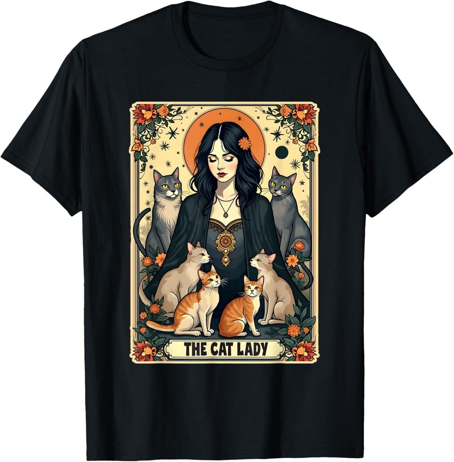 The Cat Lady Tarot Card Shirt Women Witchy Gothic Cat Mom T-Shirt Mens Womens Tees Top L