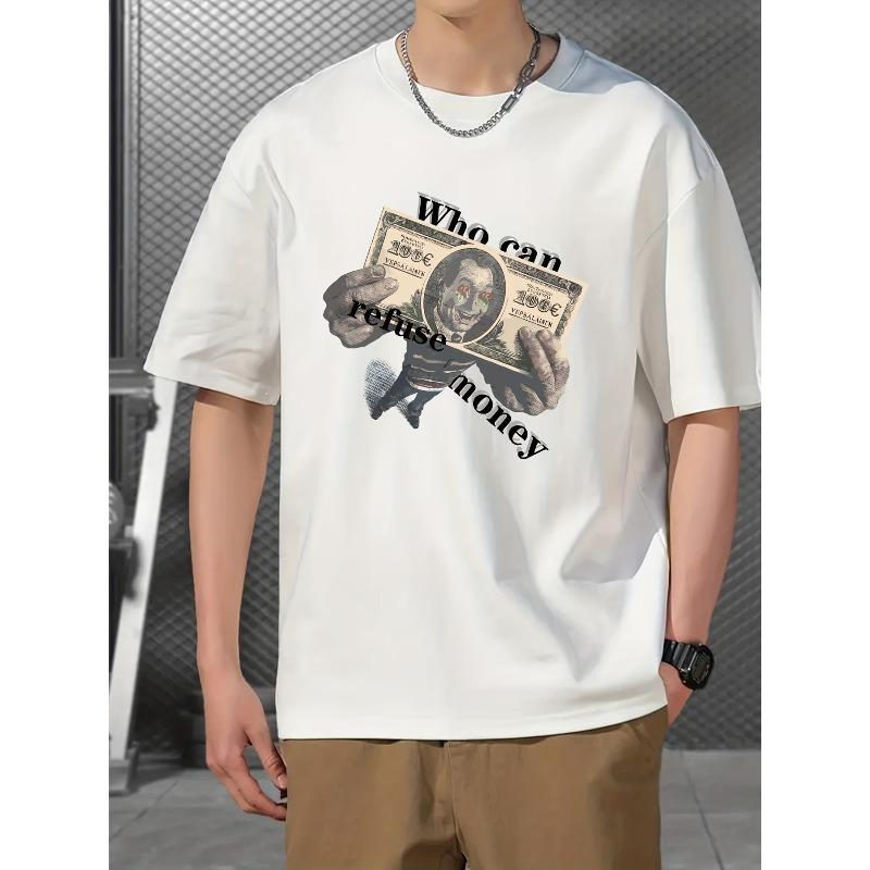 

European sizes Men s Extra Large White T-Shirt Dollar Print & Money Pattern-Designer Inspired Street-Style T-Shirt White Loose Fit 4XL білий