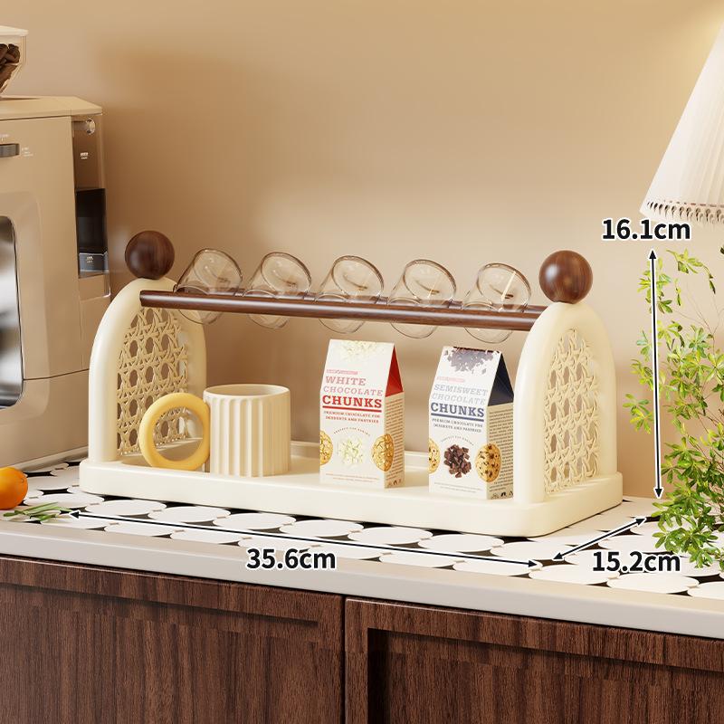 Mid-Century Modern Cup Stand Multi-Tier Wooden Mug Rack with Drip Tray Countertop Coffee Mug Organizer Kitchen Multi-Tier Shelf