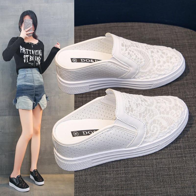 Fashion Embroider Flower Slippers Women Creepers Outside Air Mesh Mules Shoes Platform Sandals Breathable Closed Toe Slides Flip Flops