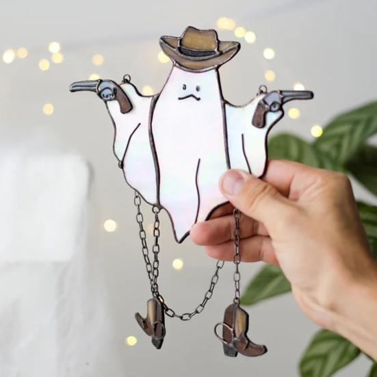 Halloween Ghost Suncatcher Stained Glass Acrylic Window Hanging Light Catcher Cute Cowboy Ghost Decoration for Home Office Kitchen Living Room Wall