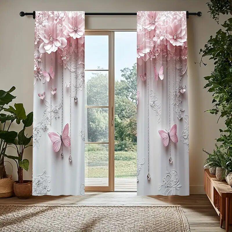 Pink Flowers and Butterflies - Pole Bag Curtains   Bedroom and Kitchen Decoration   Home Decoration   Living Room Decoration