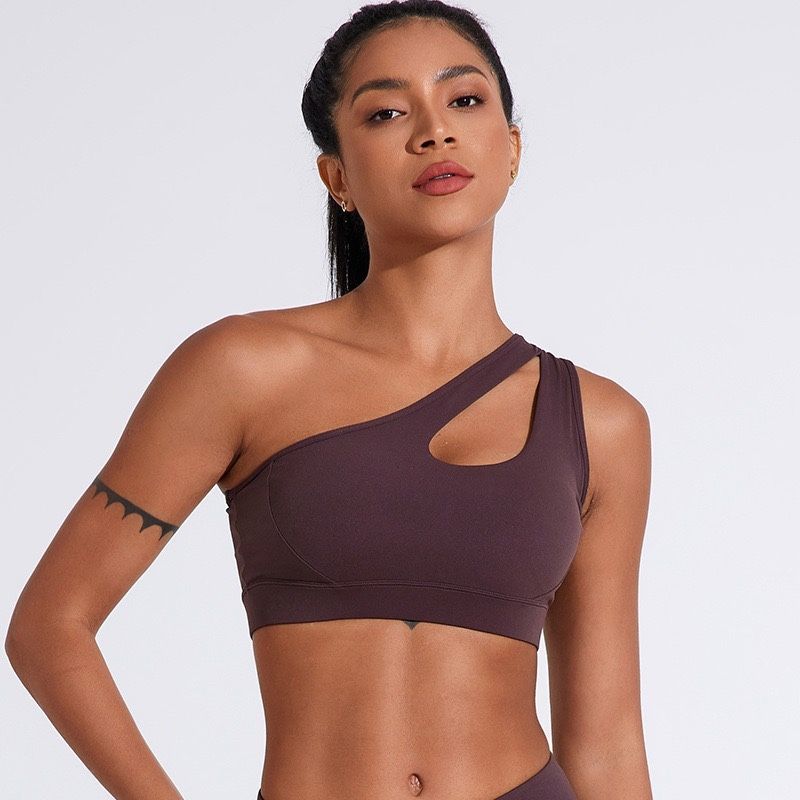 Sports Underwear Hollow out One Shoulder Shockproof Push up Running Fitness Bra Sloping Shoulder Beauty Back Pilates Yoga Vest Women
