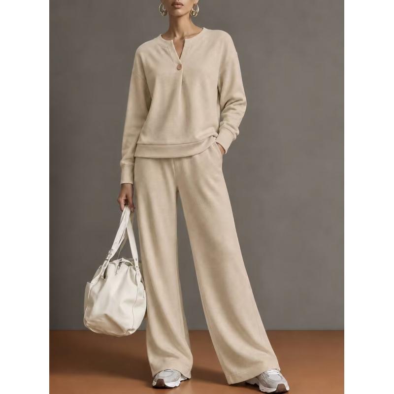 Women's 2 Piece Outfit Notch V Neck Henley Top and Wide Leg Pants Set Casual Solid Color Loungewear