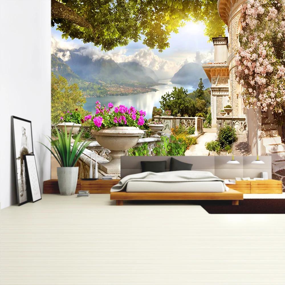 Balcony City Castle Hill Green Plant Landscape Printing Tapestry  Cheap Hippie Wall Hanging Bohemian Wall Tapestries