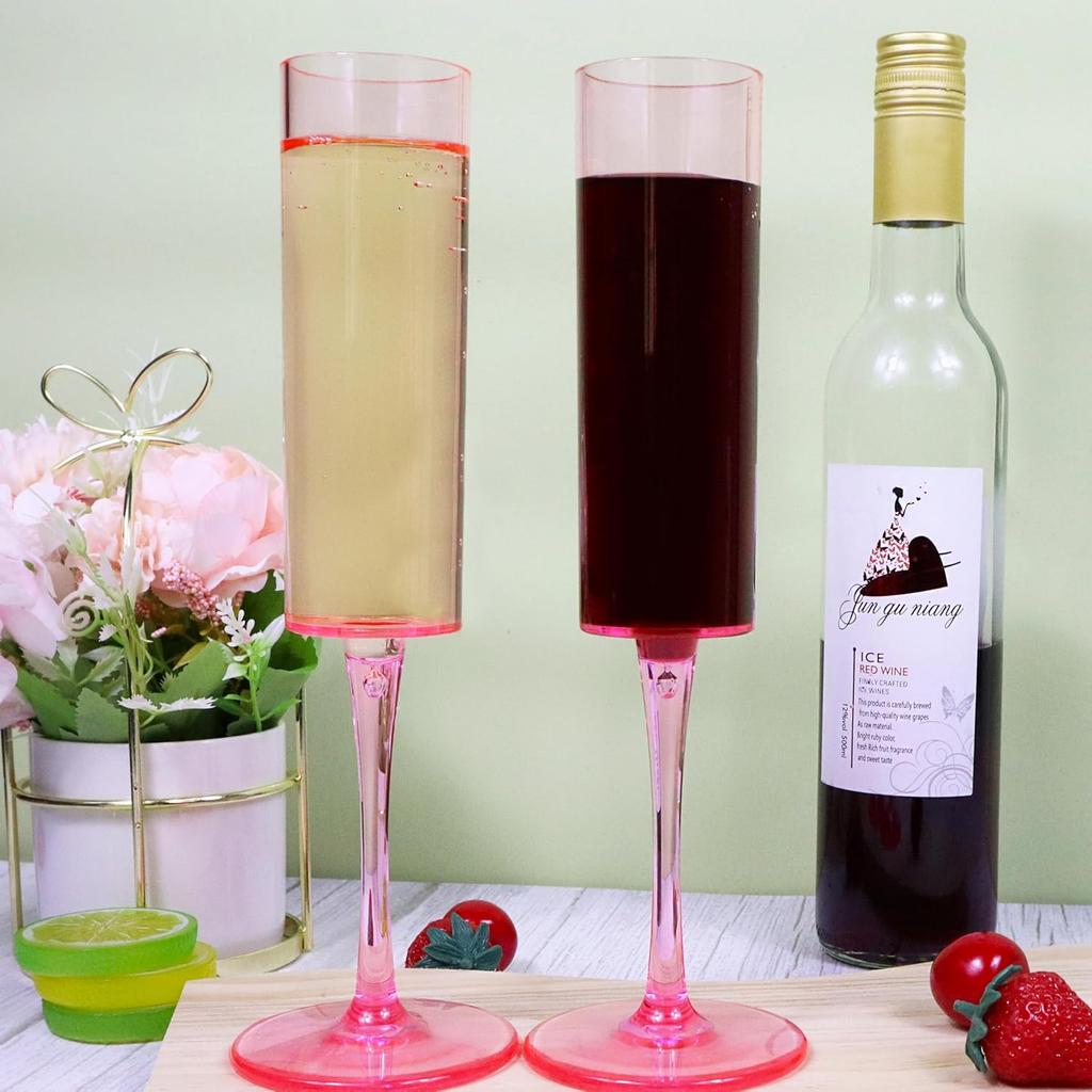 12 Pcs Pink Acrylic Champagne Flutes 6 OZ Unbreakable Tall Stemmed Glasses for Wedding Anniversary Birthday