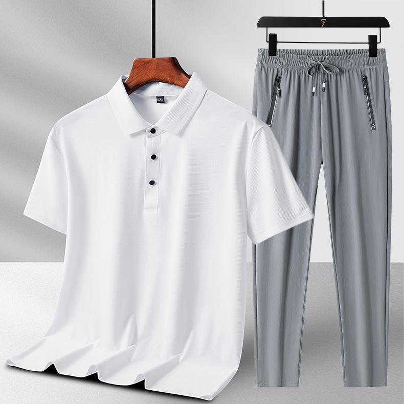 Men's Summer Ice Silk Two-Piece Set: Short Sleeve Top & Long Pants - Casual Sportswear for Father's Day Gift
